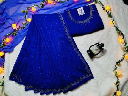Premium Pure Georgette Stone Work Saree with Unstitched Blouse Piece
